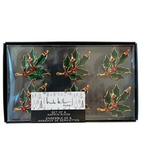 Nicole Miller Holly Berry Napkin Rings Set of 6 Green Gold Holiday Decor NIB